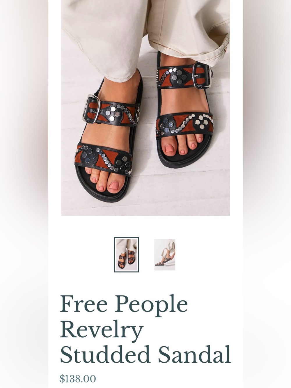 Free People Revelry Silver Studded Slide Sandals in Black & Brown - Picture 2 of 7